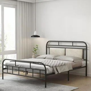 Black Metal Bed Frame with Upholstered Rounded Corners Headboard, Footboard, No Box Spring Needed, P | Bed Bath & Beyond