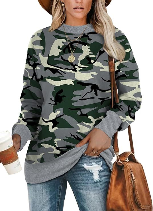 Amazon.com: Oversized Sweatshirt for Women Camouflage Long Sleeve Shirts Pullover Sweater S : Clo... | Amazon (US)