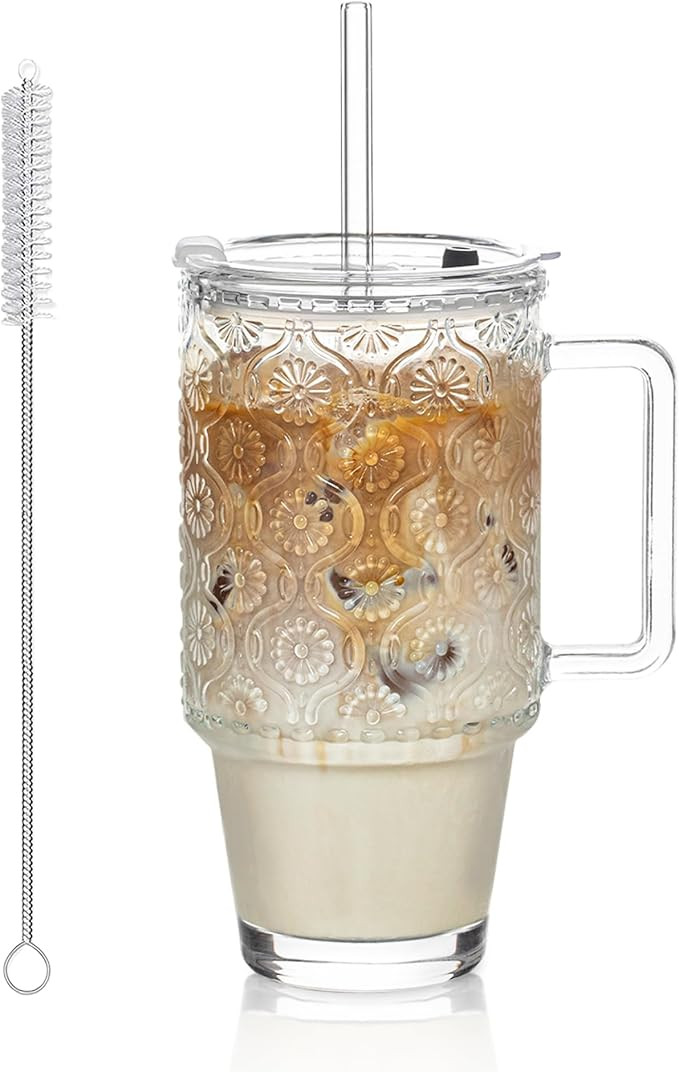 KEMORELA 24 Oz Ribbed Glass Tumblers with Lids and Straws, Tumbler Cup with Handle, Iced Coffee G... | Amazon (US)