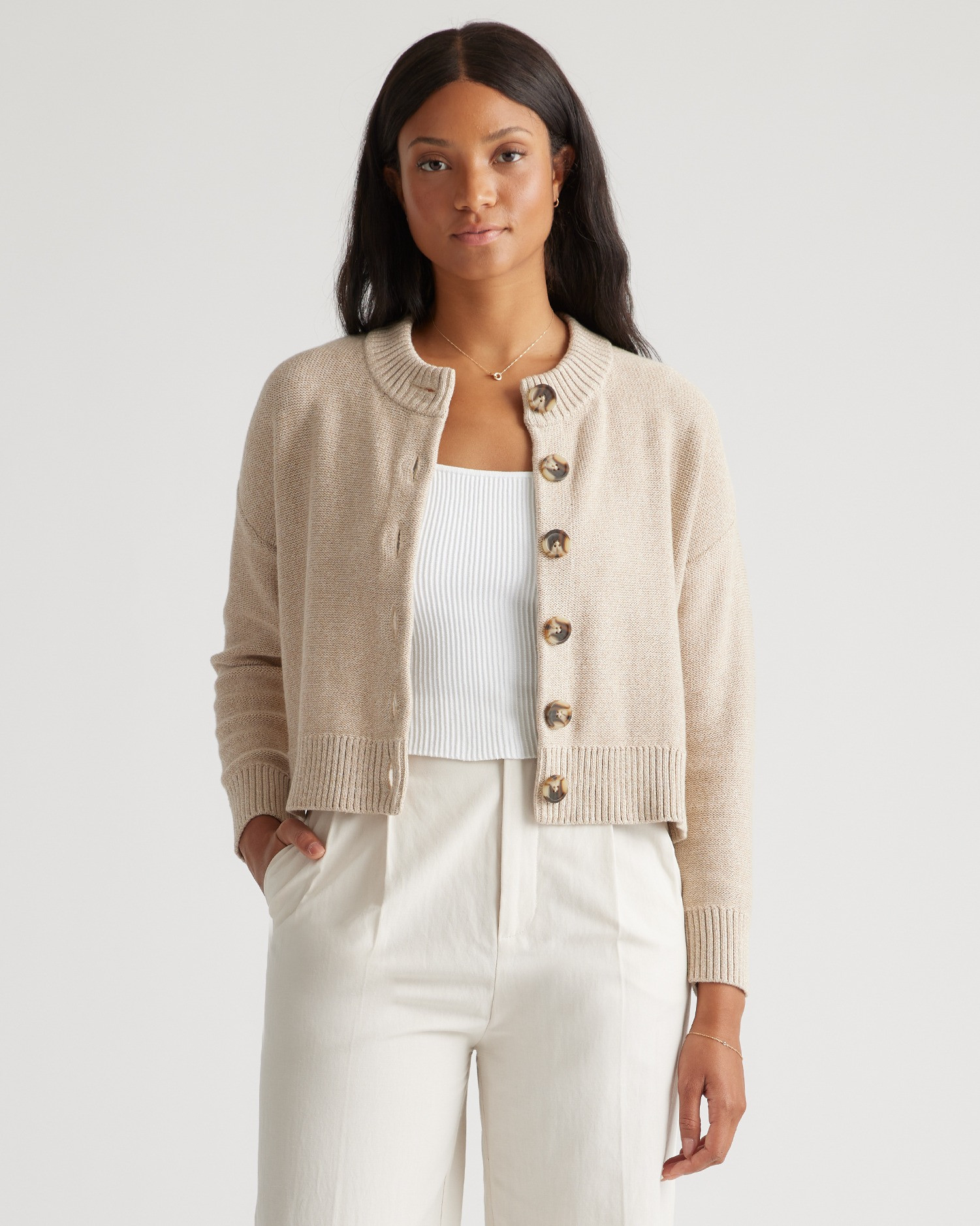 Quince | Women's Cropped Cardigan Sweater in Cement Marl, Size Small, Organic Cotton | Quince