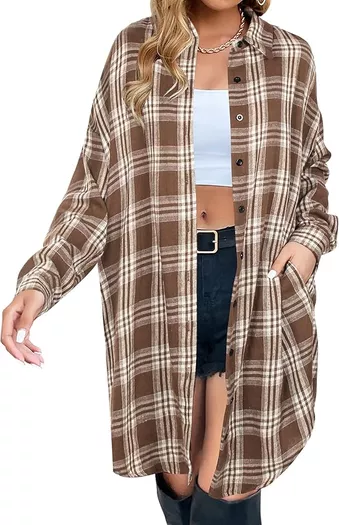 BOUTIKOME Womens Plaid Shacket Button Down Long Sleeve Shirt Coat Fall Winter Flannel Jacket Loose Shirts