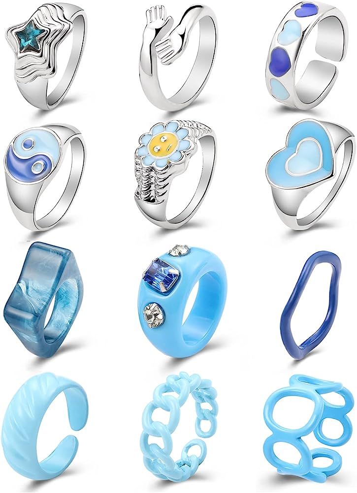 Amazon.com: Chunky Y2K Colorful Rings for Women Teen Girls,Blue Silver Enamel Rings,Cute Rings Je... | Amazon (US)