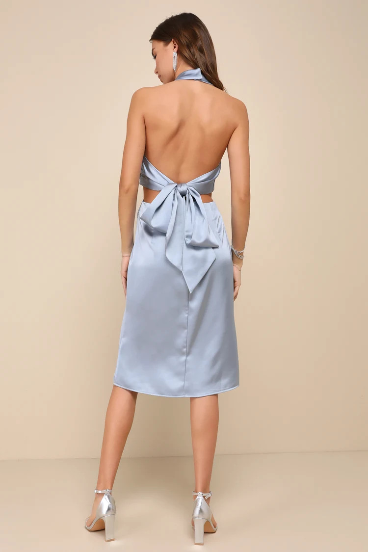 Immaculate Presence Light Blue Satin Halter Tie-Back Midi Dress | Lulus