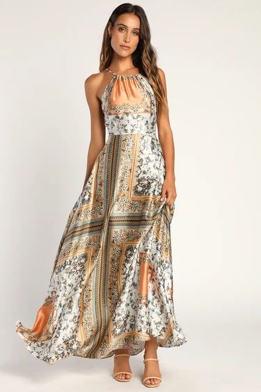 Divinely Inspired White Scarf Print Satin Backless Maxi Dress | Lulus (US)