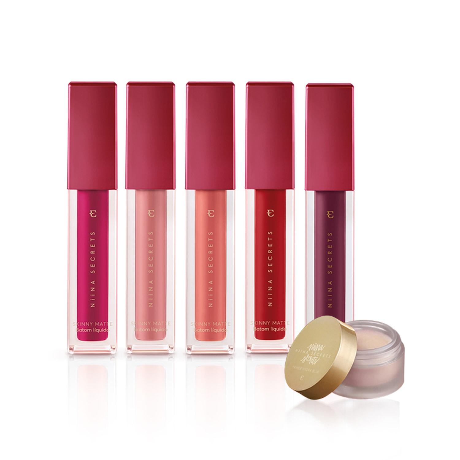 Kit Batom Líquido Niina Secrets Skinny Matte - 5 cores + Primer Facial Niina Secrets Hidra Blur - Eudora | QuemDisseBerenice (BR)