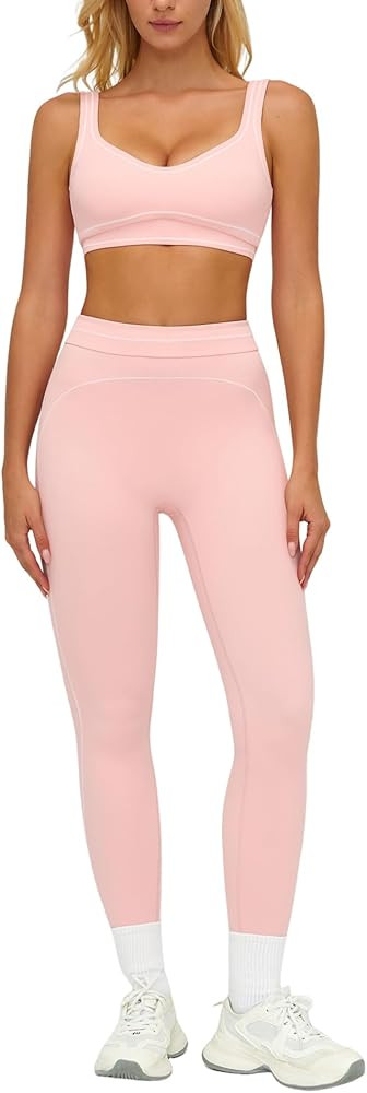 Women 2 Piece Workout U Back Color Block Sports Bra High Waist Tummy Control Active Leggings Yoga... | Amazon (US)