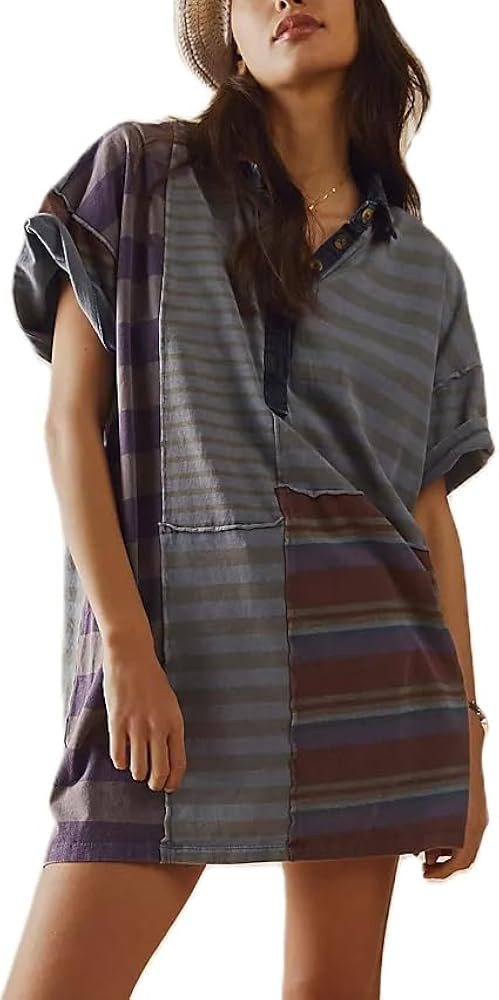 Women Contrast Striped Babydoll Dress Y2k Summer Patchwork Mini T- Shirt Dress Vintage V Neck Sho... | Amazon (US)