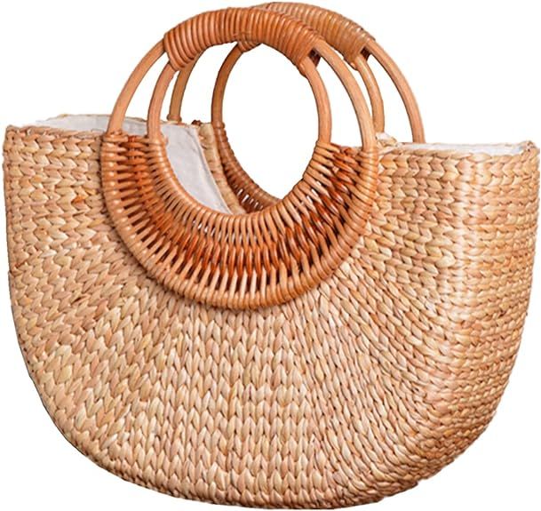 Straw Bag for Women,Summer Beach Straw Handbag Purse,Moon Shape Small Tote Bag | Amazon (US)
