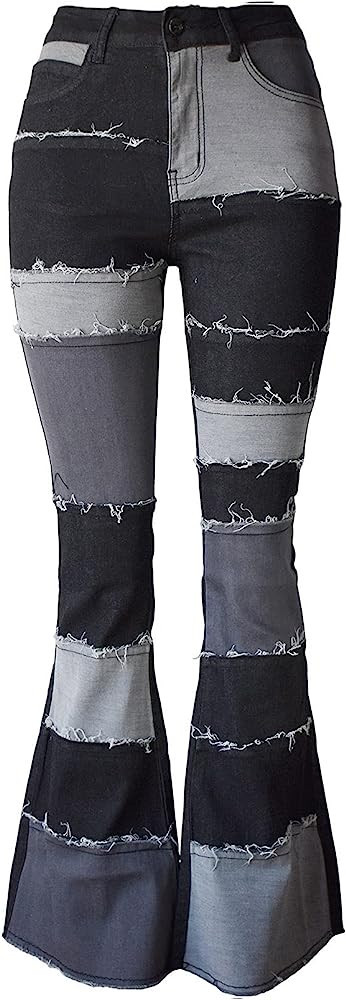 Aodrusa Women Patch Flare Jeans Bell Bottom Raw Hem Denim Pants | Amazon (US)