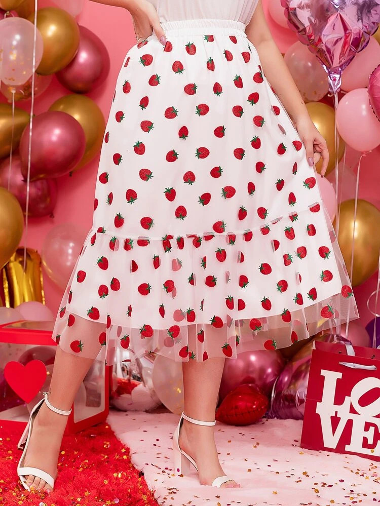 Plus Allover Strawberry Print Ruffle Hem Mesh Skirt | SHEIN