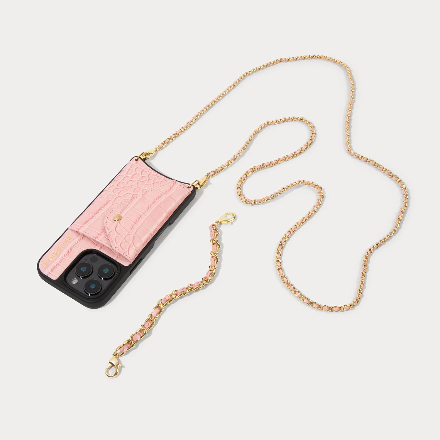 Lily Side Slot Leather Crossbody Bandolier Set - Pink Croc/Gold | Bandolier