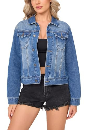 HOCAIES Womens Jacket Stretch Basic Long Sleeves Button Down Trucker Women Denim Jackets Cute Casual Fitted Utility Urban Jean Outfits Coat Size 12 to 14 Blue Large | Amazon (US)