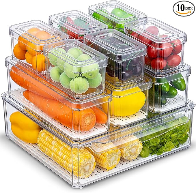 10-Pack Clear Fridge Organizer Bins with Lids, Stackable Refrigerator Storage Containers, BPA-Fre... | Amazon (US)