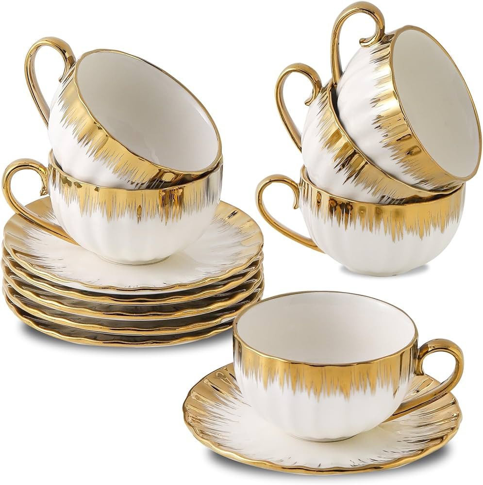LETAOTAO Cappuccino Cups with Saucers, Ceramic Coffee Cup with Gold Trim, 6 oz for Double Espress... | Amazon (US)