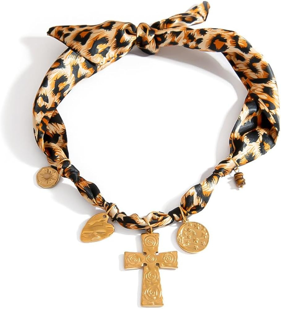 Scarf Necklace with Charm, Bandana Necklace with Gold Dainty Pendants - Chunky Cross, Heart, Flow... | Amazon (US)