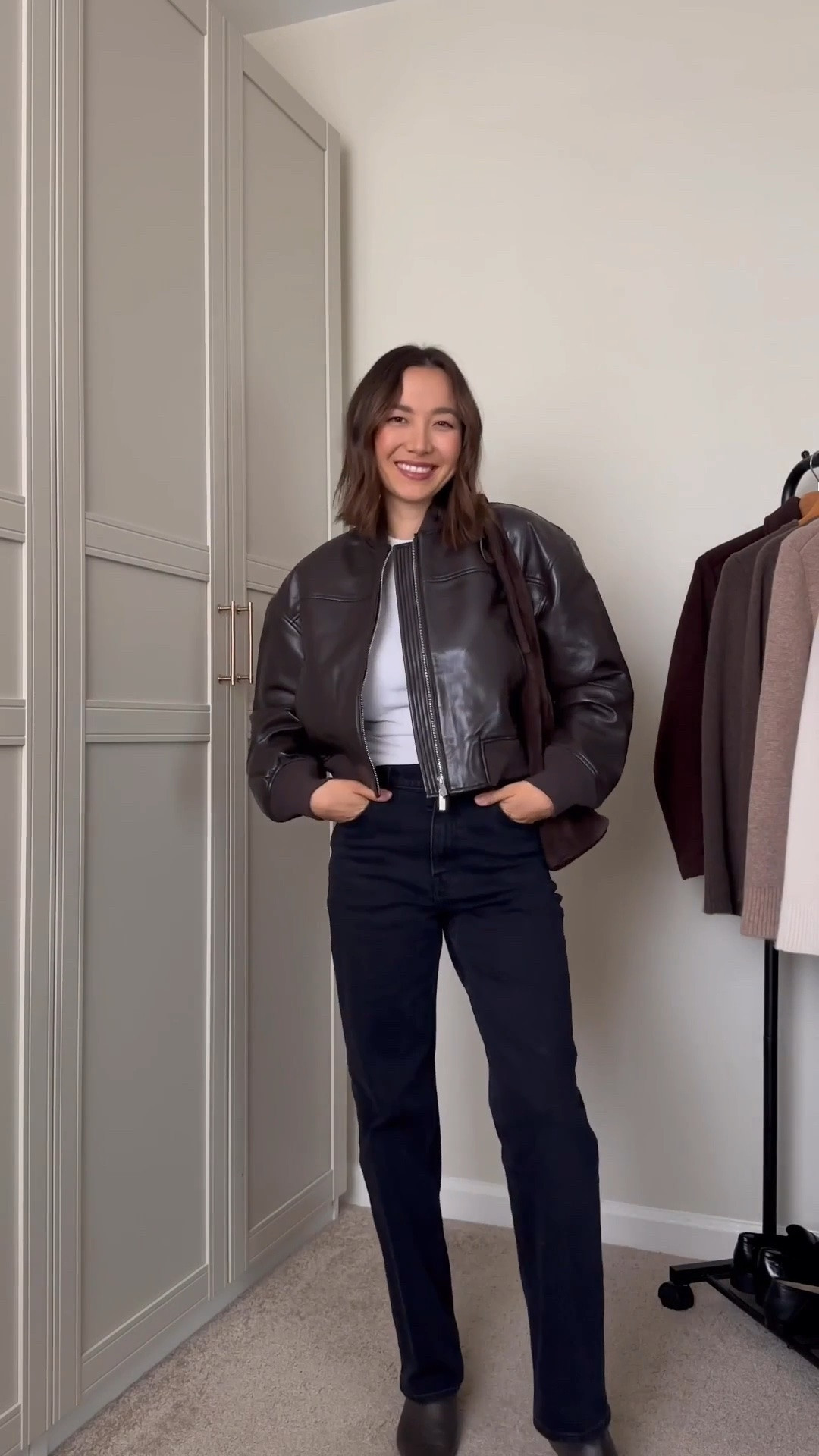 30 days of minimal fall outfits 

Aritzia faux leather bomber - rich mocha brown, size small but runs oversized. Size down if you wanted a more cropped style

Aritzia Straight leg jeans - tts 

Jcrew boots - linked to this year’s style, 30% off