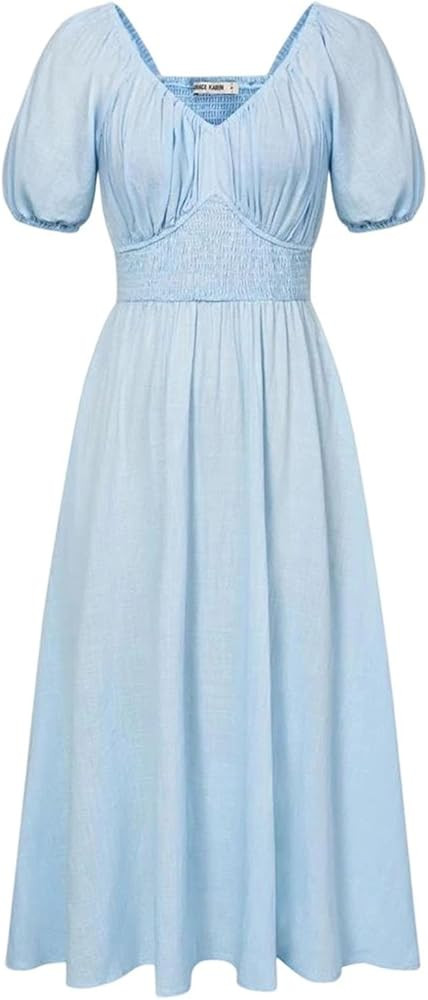 Women's Vintage V-Neck Short Sleeve Midi Dress with High Waist Smocked Detail A-Line Zipper Casua... | Amazon (US)