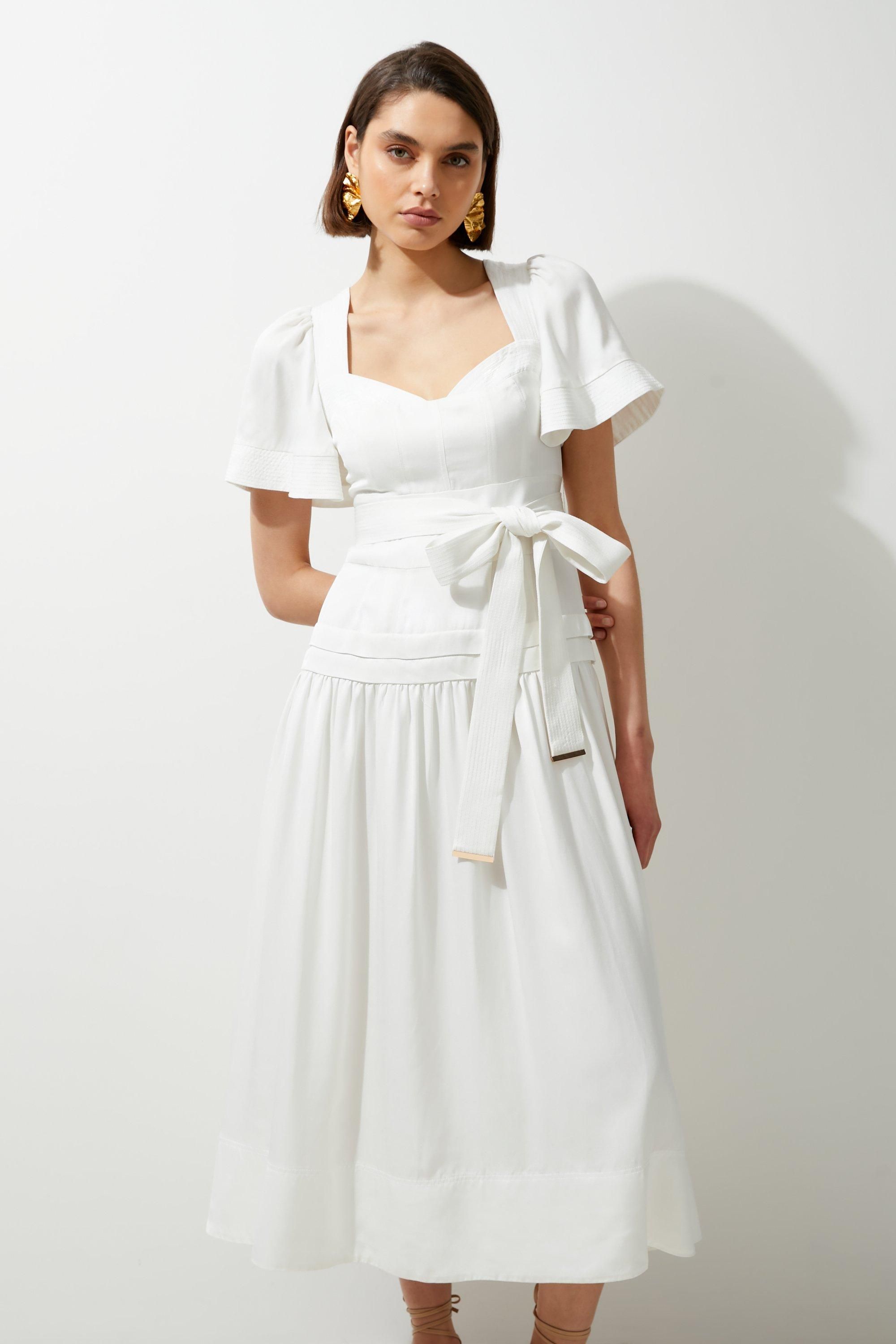 Drama Short Sleeve Tie Waist Linen Woven Midi Dress | Karen Millen UK + IE + DE + NL