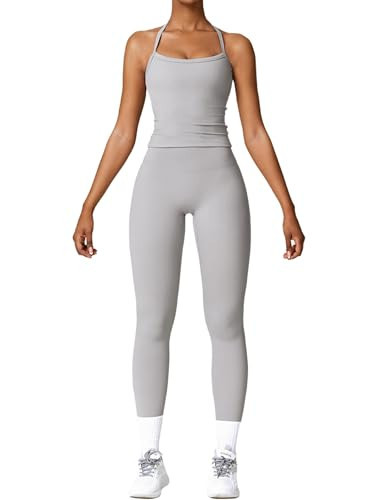Womens Workout Sets Two Piece Seamless Stretch Cross Back Tank Top Matching Tummy Control High Waist Leggings Set 2 Piece For Women Gym Yoga Active Wear Outfits Athletic Work Out Clothes Grey XL | Amazon (US)