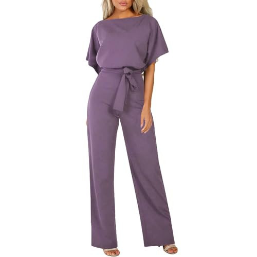 KVOTUU Dressy Jumpsuits for Women Loose Short Sleeve Belted Wide Leg Pant Romper Business Casual One Piece Jumpsuits Outfits Purple | Amazon (US)