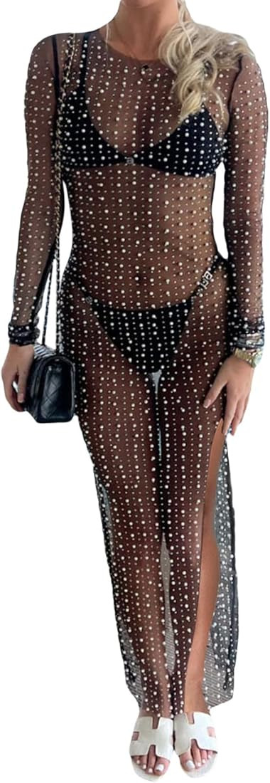 Women Sexy Pearl Rhinestone Cover Up See Through Sheer Mesh Summer Maxi Dress Beach Swimsuit Biki... | Amazon (US)