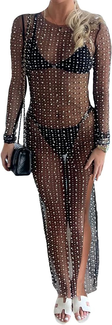 Women Sexy Pearl Rhinestone Cover Up See Through Sheer Mesh Summer Maxi Dress Beach Swimsuit Biki... | Amazon (US)