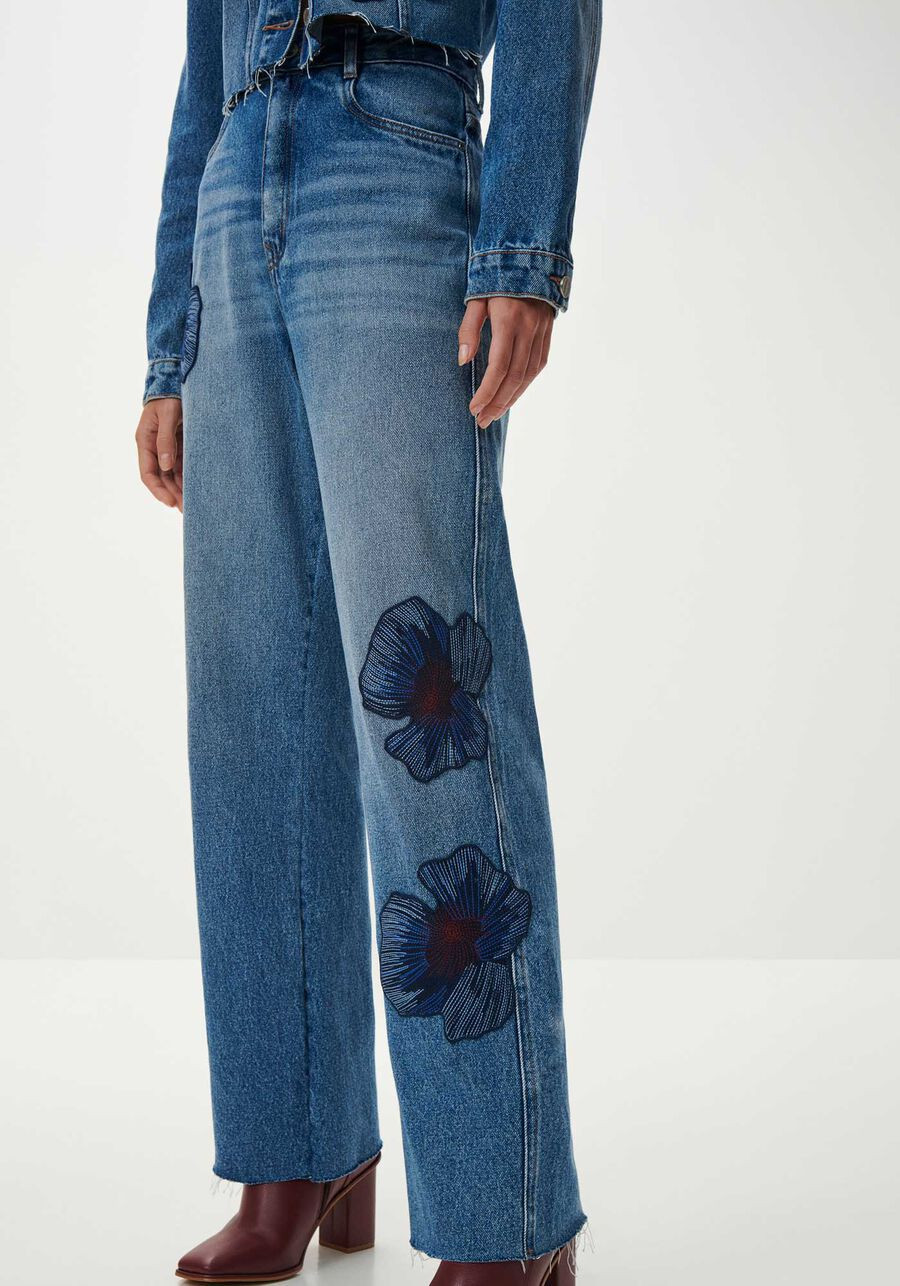 Calça Jeans Reta Super Alta Com Bordado Flores | Lezalez (BR)