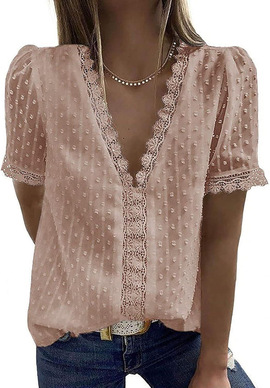 Cisisily Women's V Neck Lace Crochet Tops Casual T Shirts Blouses Tops | Amazon (US)