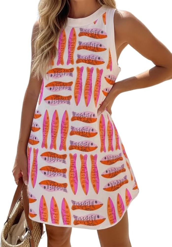 Women's Beach Vacation Mini Tank Dress Casual Summer Sleeveless Ocean Animal Print Sundress | Amazon (US)