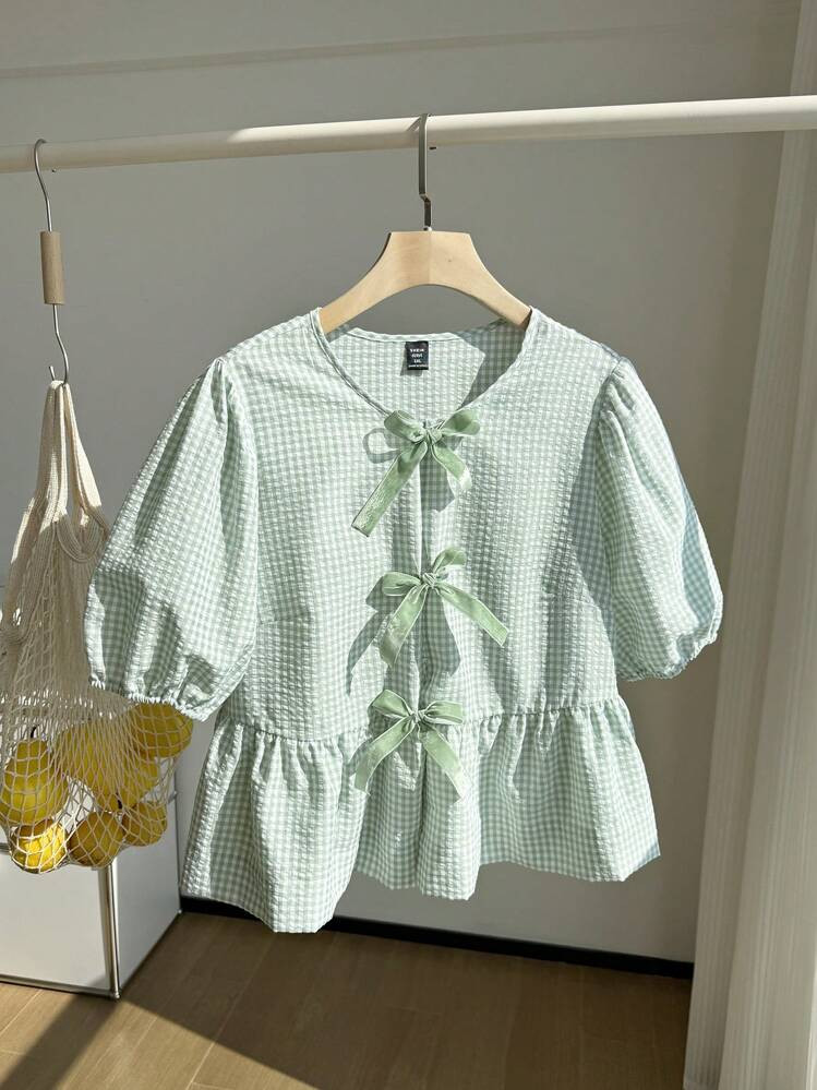 Comfortcana Plus Size Mint Green & White Plaid Short Sleeve Casual Shirt,Going Out Tops Women | SHEIN