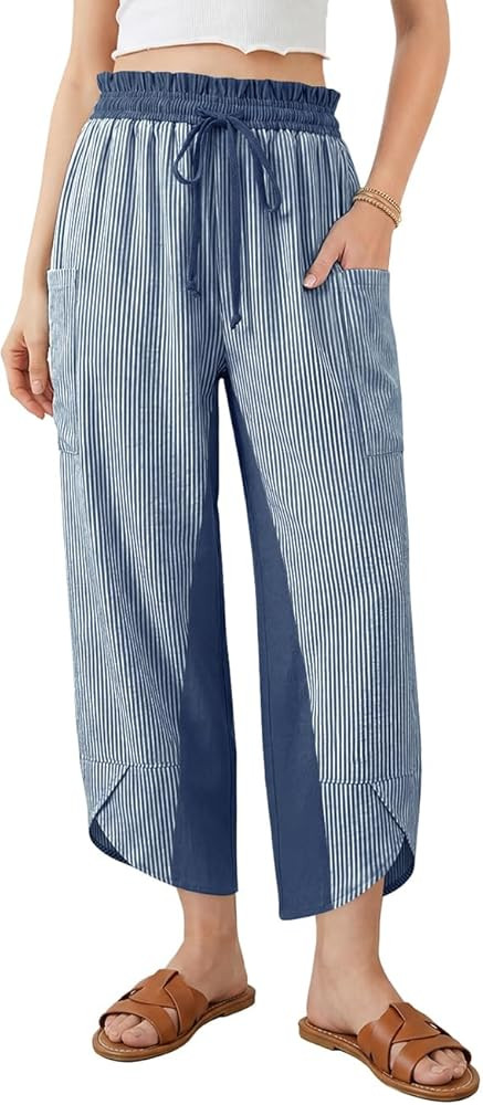 TARSE Womens Linen Palazzo Pants Striped Wide Leg Casual Capri Pant Drawstring Summer Harem Pants... | Amazon (US)