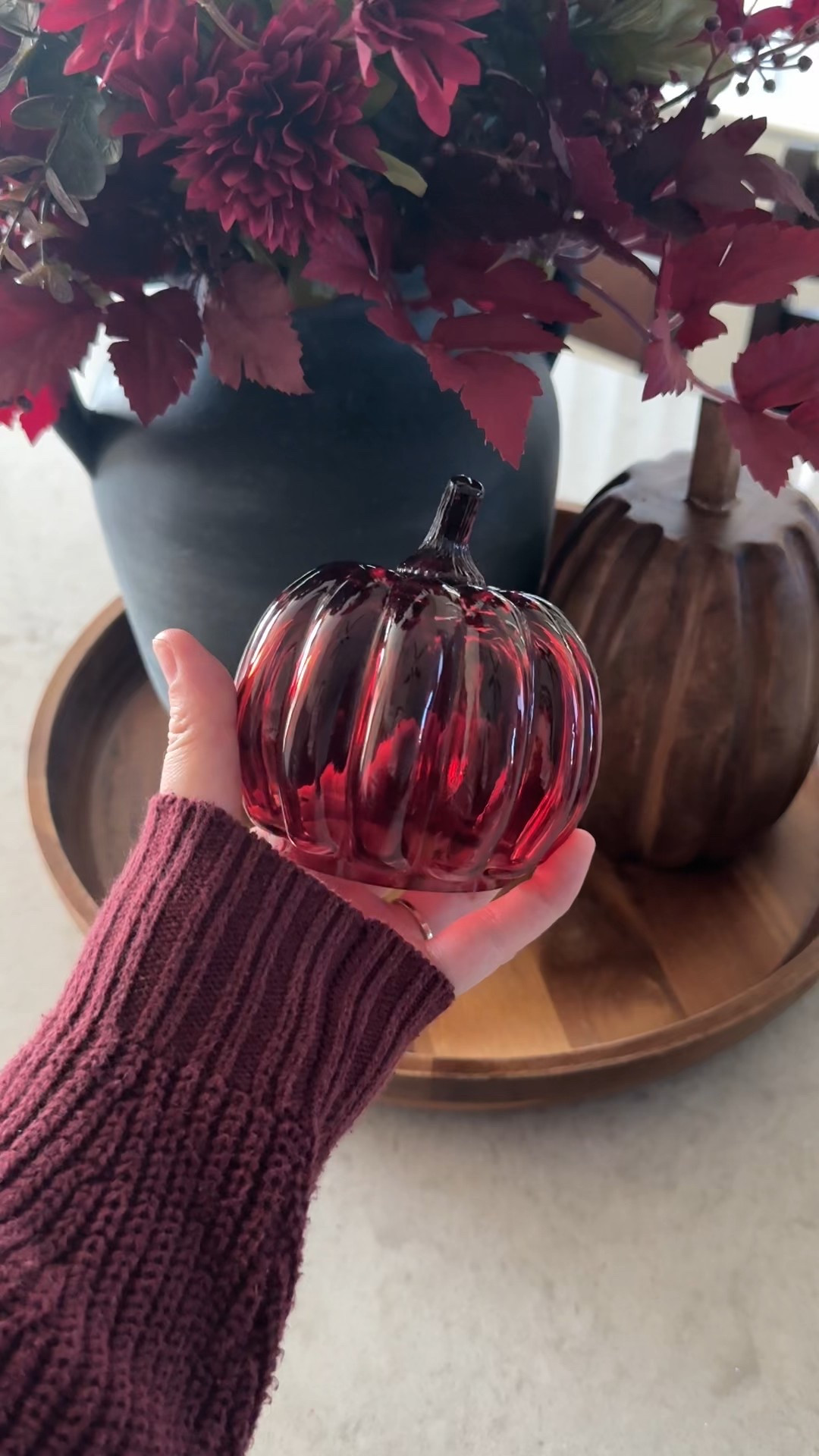 Moody burgundy and wood vibes for my home this fall 🍂 
Loving these burgundy pumpkins! Definitely going back for more 🤌🏻 
#moodydecor #autumndecor #falldecor #seasonalhomedecor 

#LTKHome #LTKSeasonal