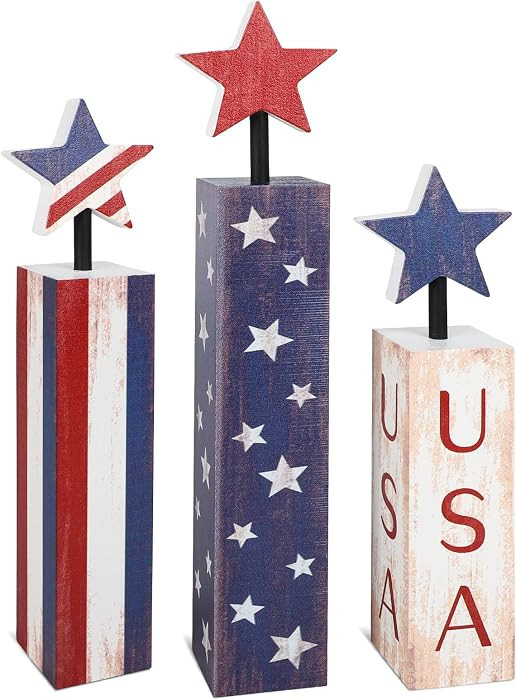 4th of July Decorations Set, Red White Blue Decor, Wooden Patriotic Memorial Day Tiered Tray Deco... | Amazon (US)