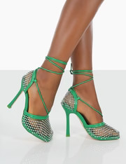 Longshot Green Diamante Wrap Around Mesh Heels | Public Desire