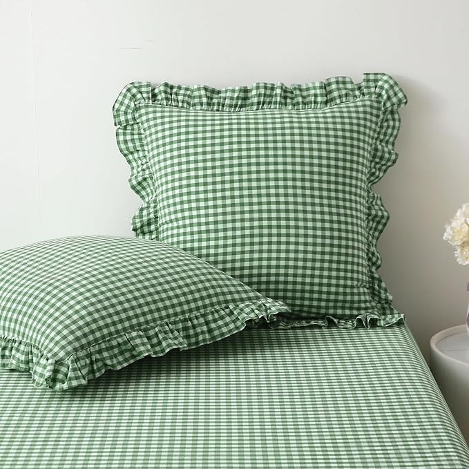 2 Pack Christmas Green White Plaid Ruffle Gingham Euro Pillow Shams, 100% Washed Cotton Checkered... | Amazon (US)