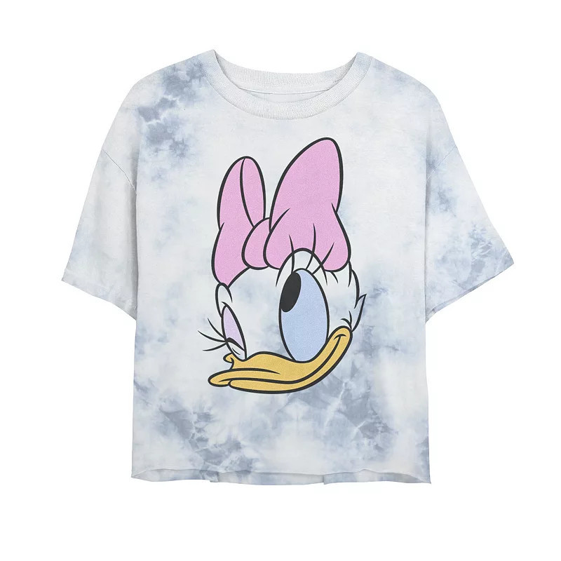Disney's Daisy Duck Juniors' Big Face Winking Bow Bombard Wash Crop Graphic Tee, Women's, Size: Large, White Blue | Kohl's