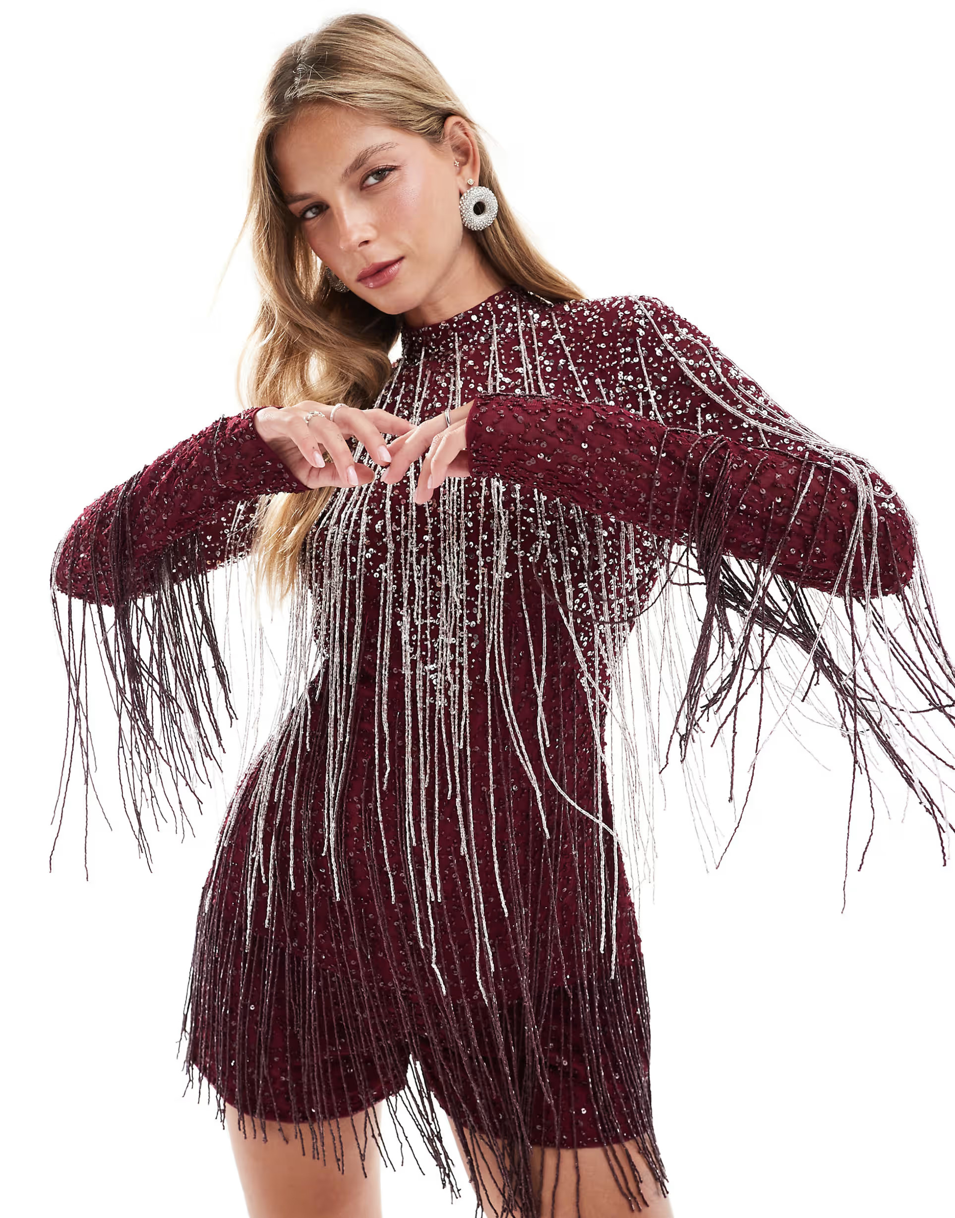 ASOS DESIGN long sleeve embellished fringe playsuit in burgundy | ASOS (Global)