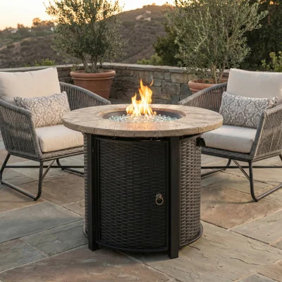 30" Propane Gas Fire Pit Table, 50000 BTU Round Steel Fire Pit with Imitation Wood Grain Finish for Outside Patio Deck Garden Backyard- Black Black + | Wayfair North America