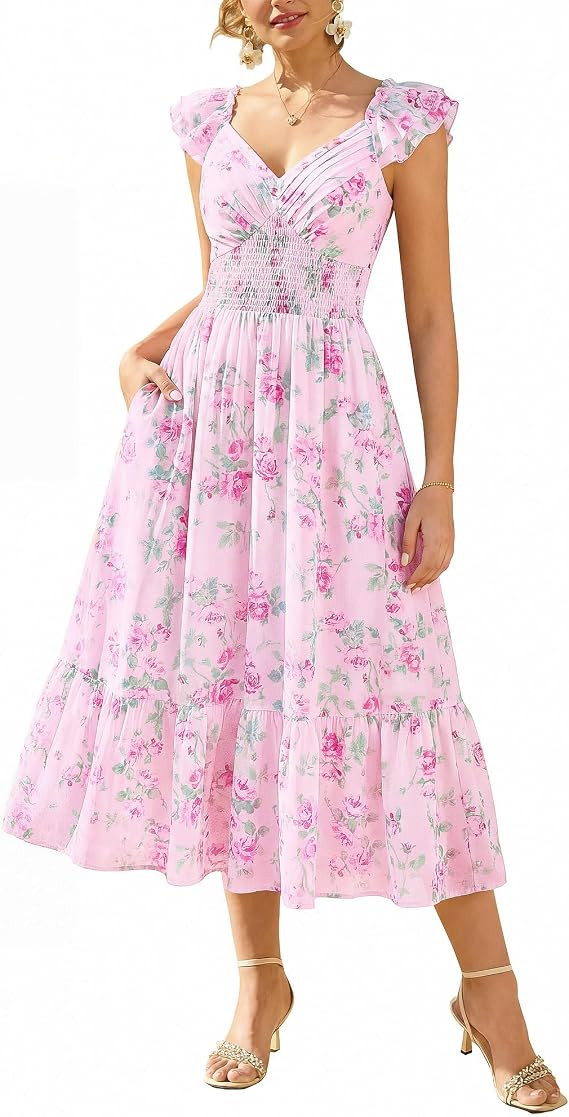 GRACE KARIN Women's Summer Floral Maxi Dress 2026 Ruffle Sleeve Smocked Sundress Flowy Wedding Gu... | Amazon (US)
