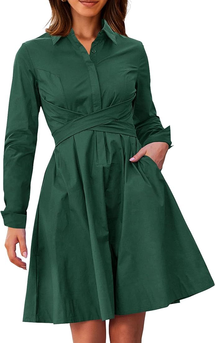 BTFBM 2023 Women Casual Fall Dresses Lapel V Neck Long Sleeve Button Front Tie Waist A-Line Mini ... | Amazon (US)