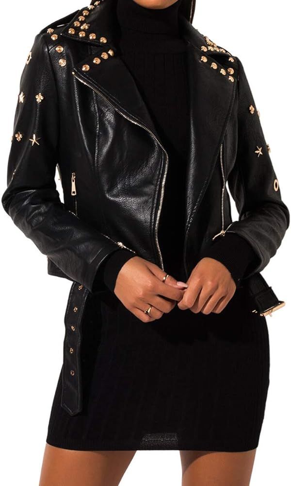 Azalea Wang Women's Studded Faux Leather Gold Hardware Removable Belt Moto Jacket | Amazon (US)