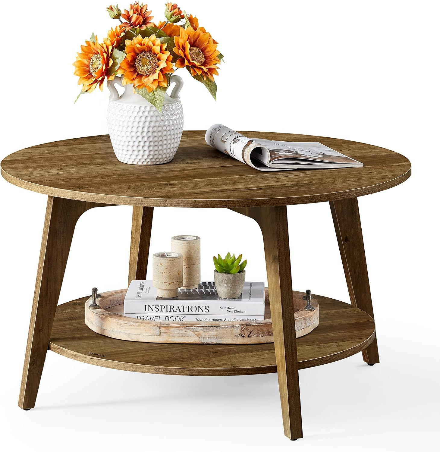 VASAGLE MAEZO Collection - Round Coffee Table, 2-Tier Center Table with Storage, Tapered Legs, Curved Transitions, 31.5 Dia. x 17.7 H Inches, Easy Assembly, for Living Room, Honey Brown ULCT243K41 | Amazon (US)