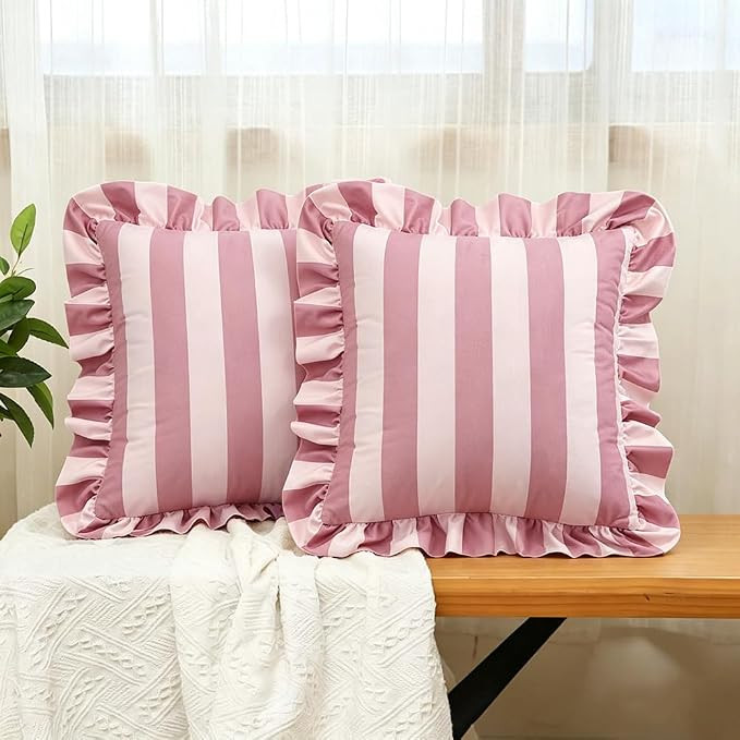 vctops Ruffle Square Throw Pillow Covers Boho Pink and Red Striped Decorative Pillowcases Set of ... | Amazon (US)