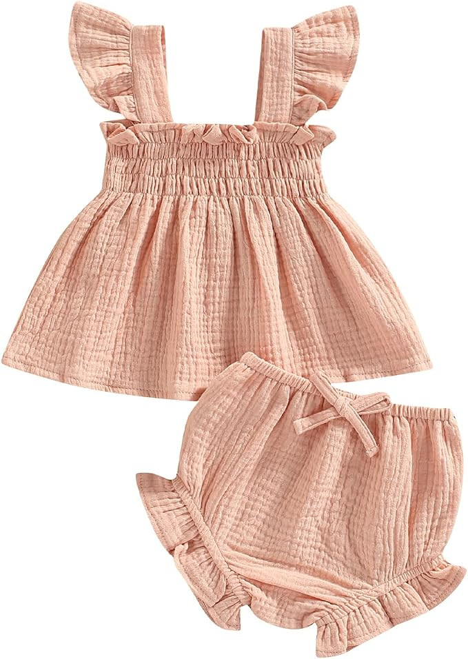 WZTYYDS Baby Girl Summer Clothes Sleeveless Ruffle Tops Bloomers Shorts Set Cute Toddler Cotton G... | Amazon (US)