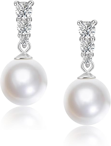 Pearl Drop Earrings 925 Sterling Silver CZ Simulated Pearl | Amazon (US)