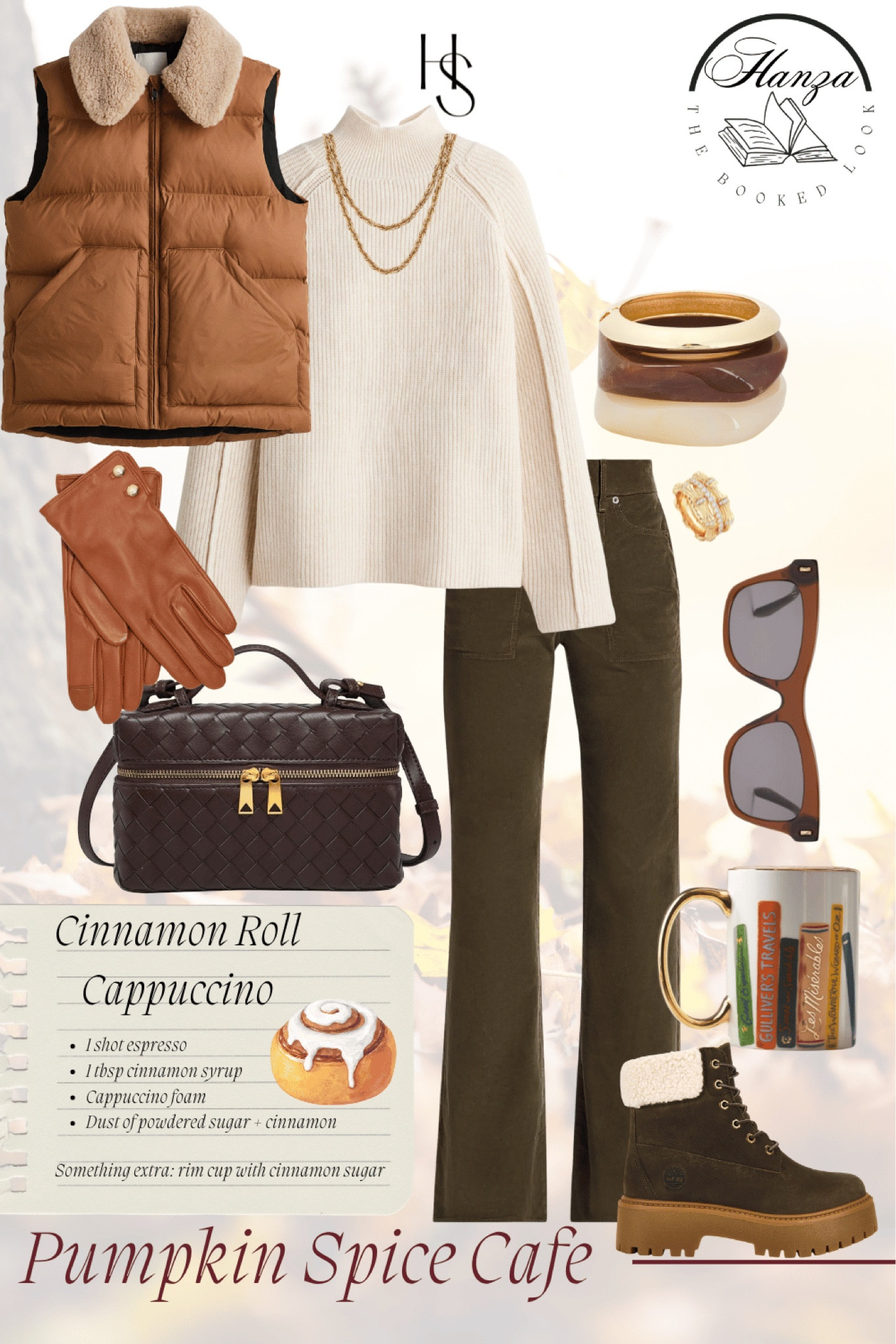 This is my favorite look I’ve made for late fall - look at this sweater!!! It’s under $50 but it looks designer. Everything about it is *chefs kiss* and sophisticated. You can mix and match all of the pieces and really upgrade your wardrobe with each of them. 

Cozy outfits inspired by The Pumpkin Spice Cafe by Laurie Gilmore 
The Booked Look - outfits based on books we love to read 
Late fall outfit Inspo 
Coffee date outfit Inspo 
What to wear on a coffee date 
Late fall date night outfit ideas 
Coffee lover aesthetic 
Cozy aesthetic 
Cozy vibes outfit 