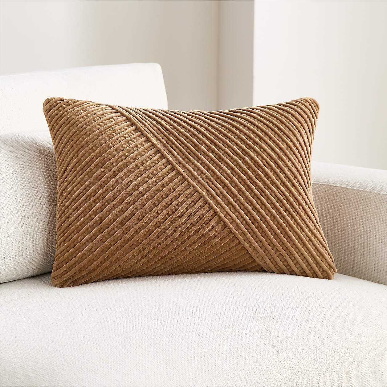 Bowen Ribbed Velvet 22"x15" Brulee Brown Throw Pillow Cover | Crate & Barrel | Crate & Barrel