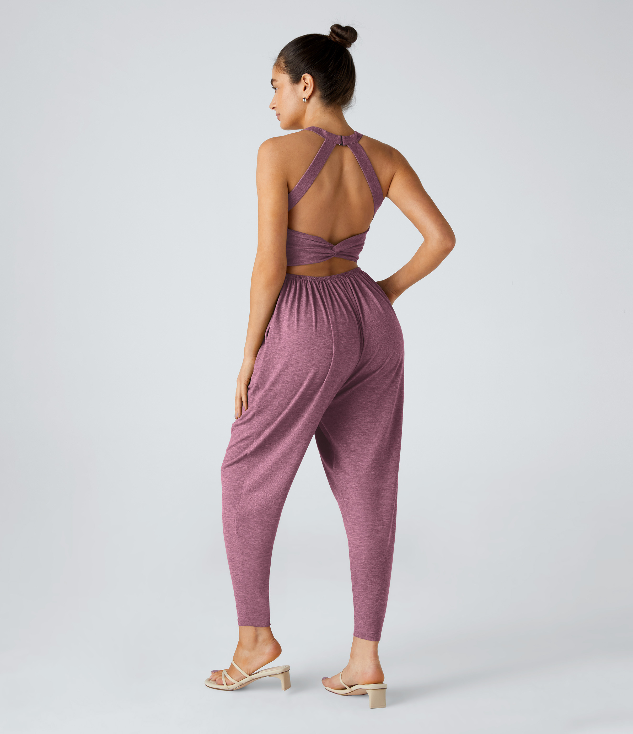 Halara Backless Twisted U Neck Side Pocket Harem Casual Jumpsuit-Easy Peezy Edition - Red Violet Floral Yarn - M | HALARA