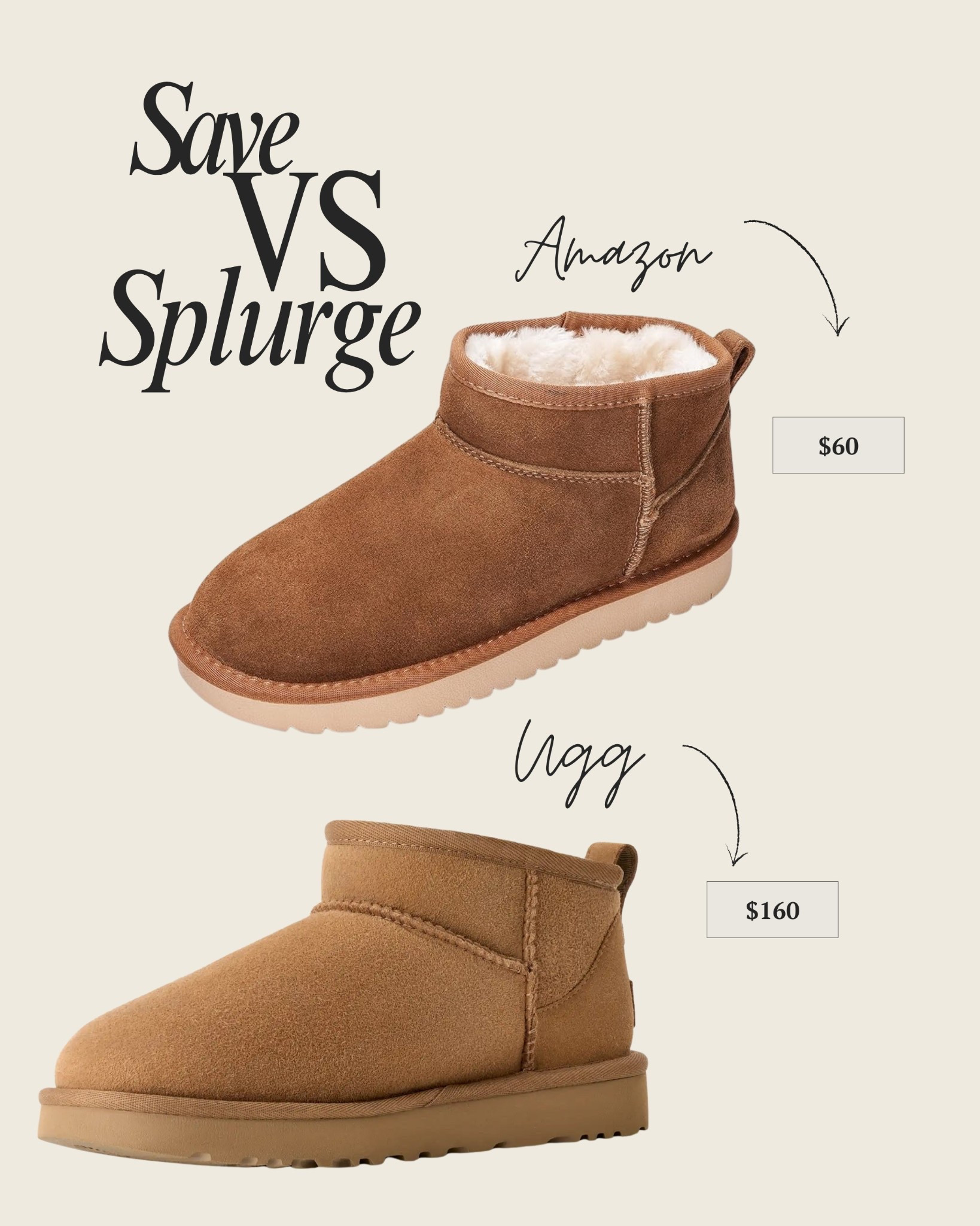 SAVE vs SPLURGE: cozy edition 🤍
Do you grab the budget-friendly lookalike or invest in the classic UGGs that last year after year?
Both linked so you can choose what works best for you 👢✨

#LTKunder100 #LTKsale #LTKfinds 

#LTKSeasonal #LTKootd #LTKGiftGuide