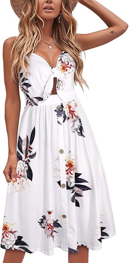 VOTEPRETTY Womens Summer Floral Sundress V Neck Tie Front Spaghetti Strap Dresses with Pockets | Amazon (US)